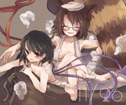Rule 34 | 2girls, animal ears, asymmetrical wings, bad id, bad twitter id, barefoot, bathing, black hair, blush, breasts, brown hair, closed eyes, convenient censoring, futatsuiwa mamizou, glasses, hisona (suaritesumi), houjuu nue, looking at viewer, multiple girls, nude, open mouth, partially submerged, raccoon ears, raccoon tail, red eyes, short hair, simple background, sitting, small breasts, smile, tail, touhou, towel, towel around neck, towel on head, water, wings