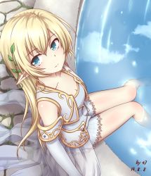 Rule 34 | 00047, 00s, 1girl, bad id, bad pixiv id, bare legs, blonde hair, blue eyes, breasts, cleavage, dated, gloves, highres, maplestory, mercedes (maplestory), pointy ears, skirt, water, white gloves