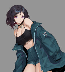 Rule 34 | 1girl, bare shoulders, black choker, black hair, black shirt, blue jacket, blue shorts, breasts, choker, cleavage, closed mouth, collarbone, cowboy shot, crop top, denim, denim shorts, earrings, gradient hair, grey background, high-waist shorts, highres, jacket, jewelry, large breasts, long sleeves, looking at viewer, midriff, mole, mole on breast, multicolored hair, off shoulder, open clothes, open jacket, original, purple eyes, shirt, short hair, short shorts, shorts, simple background, siun, sleeveless, sleeveless shirt, sleeves past fingers, sleeves past wrists, smile, solo, spaghetti strap, stomach, thighs, torn clothes, torn shirt