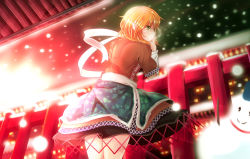 Rule 34 | 1girl, :o, arm warmers, bad id, bad pixiv id, blonde hair, blouse, breath, elbow rest, facing away, from behind, green eyes, highres, layered skirt, mizuhashi parsee, own hands together, pointy ears, railing, sanpyon, sash, scarf, shirt, short hair, short sleeves, skirt, snowing, snowman, solo, touhou