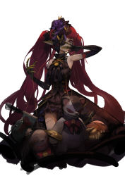 Rule 34 | 1girl, absurdres, black dress, covered mouth, dokshuri, dress, dungeon and fighter, elbow gloves, enchantress (dungeon and fighter), female mage (dungeon and fighter), flower, gloves, hair flower, hair ornament, highres, mage (dungeon and fighter), one eye covered, pointy ears, red eyes, red hair, solo, string, stuffed animal, stuffed toy, thighhighs, twintails, upper body, white background