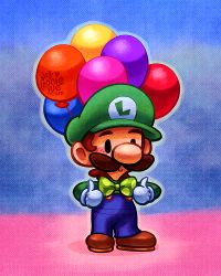 Rule 34 | 1boy, balloon, blue overalls, bow, bowtie, brown footwear, brown hair, chibi, closed mouth, commentary, facial hair, full body, gloves, green bow, green bowtie, green headwear, green shirt, green sleeves, legs apart, leonieyue, long sleeves, luigi, male focus, mario (series), mustache, nintendo, outline, overalls, plumber, polka dot, polka dot bowtie, shadow, shirt, smile, solid circle eyes, standing, super mario odyssey, thick eyebrows, thumbs up, watermark, web address, white gloves, white outline