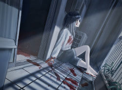 Rule 34 | 1girl, balcony, barefoot, black hair, blood, blood on clothes, blood on face, bloody footprints, commentary, highres, knife, light particles, long hair, original, plant, potted plant, sakiika0513, short shorts, shorts, sitting, solo
