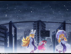 Rule 34 | 3girls, animal ears, animal hat, blonde hair, brown hair, cat ears, cat girl, cat tail, chain-link fence, chen, cityscape, closed eyes, etogami kazuya, female focus, fence, fox tail, hands in opposite sleeves, hat, highres, holding, holding umbrella, kitsune, kyuubi, letterboxed, long hair, long sleeves, mob cap, multiple girls, multiple tails, one eye closed, open mouth, outdoors, red eyes, short hair, snow, tail, tassel, touhou, umbrella, wide sleeves, wink, yakumo ran, yakumo yukari, yellow eyes, yin yang