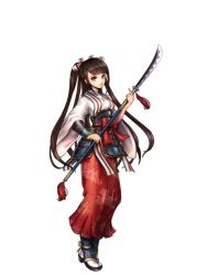 Rule 34 | 1girl, armor, artist request, bracer, brown hair, capcom, character request, faulds, greaves, japanese clothes, long hair, naginata, official art, onimusha, onimusha soul, polearm, red eyes, solo, twintails, weapon, wide sleeves