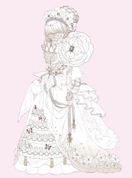 Rule 34 | 1girl, blonde hair, blunt bangs, closed mouth, covered eyes, dress, facing viewer, flower, full body, hairband, long dress, mamaloni, original, pink background, simple background, solo, standing, white dress, white flower