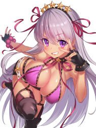 Rule 34 | 1girl, bb (fate), bb (fate) (all), bb (swimsuit mooncancer) (fate), bb (swimsuit mooncancer) (second ascension) (fate), bead bracelet, beads, bent over, bikini, bikini top only, black gloves, black shorts, black thighhighs, blush, bracelet, breasts, choker, cleavage, closed mouth, commentary, covered erect nipples, cowboy shot, earrings, fate/grand order, fate (series), fingerless gloves, garter straps, gloves, green322, grin, hair between eyes, hair ribbon, hairband, high heels, highres, jewelry, large breasts, leaning forward, light purple hair, lipstick, long hair, looking at viewer, makeup, nail polish, neck ribbon, outstretched arm, parted lips, pink bikini, pink ribbon, purple eyes, purple footwear, red nails, ribbon, short shorts, shorts, simple background, smile, solo, standing, standing on one leg, star (symbol), star earrings, straight hair, studded choker, swimsuit, tan, thighhighs, thighs, toenail polish, toenails, v, white background