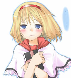 Rule 34 | 1girl, alice margatroid, blonde hair, blue eyes, blush, book, crossed arms, female focus, grimoire, grimoire of alice, hairband, hane (hanegoya), hugging object, looking at viewer, short hair, simple background, solo, touhou, upper body, white background