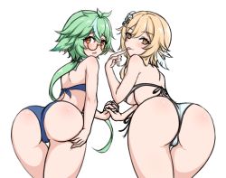 Rule 34 | 2girls, animal ears, aqua hair, ass, bare shoulders, bikini, blonde hair, blush, cameltoe, come hither, embarrassed, feather hair ornament, flower, from behind, genshin impact, glasses, green hair, hair flower, hair ornament, highres, hr.r, huge ass, leaning, leaning forward, long hair, looking at viewer, looking back, low ponytail, lumine (genshin impact), multicolored hair, multiple girls, open mouth, orange eyes, parted lips, ponytail, shiny skin, short hair with long locks, sucrose (genshin impact), swimsuit, two-tone hair, very long hair
