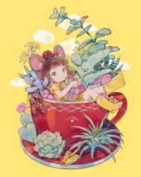 Rule 34 | 1girl, animal ears, blouse, boots, braid, brown hair, bug, conago, cup, green eyes, hair ribbon, highres, insect, ladybug, long hair, mouse ears, mug, open mouth, original, plaid, plaid shirt, plant, ribbon, shirt, short sleeves, solo, succulent plant, yellow background, yellow footwear, yellow ribbon, yellow shirt