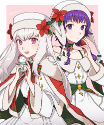 Rule 34 | 2girls, blush, cape, capelet, christmas, closed mouth, commentary request, dress, fire emblem, fire emblem: the sacred stones, fire emblem: three houses, fire emblem heroes, flower, food, fruit, fur-trimmed cape, fur-trimmed capelet, fur-trimmed headwear, fur-trimmed sleeves, fur trim, green cape, hat, hat flower, highres, holding, holding food, holding fruit, holding toy, long hair, looking at viewer, lute (fire emblem), lute (winter) (fire emblem), lysithea von ordelia, multiple girls, nintendo, off-shoulder dress, off shoulder, official alternate costume, open mouth, peach11 01, pink eyes, purple eyes, purple hair, red cape, red flower, smile, strawberry, toy, twintails, twitter username, two-tone cape, white capelet, white dress, white hair, white headwear