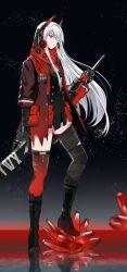Rule 34 | 1girl, absurdres, bandaged leg, bandages, black jacket, black shirt, commentary request, hair over one eye, headgear, headphones, highres, holding, holding sword, holding weapon, jacket, long hair, long sleeves, lucia: crimson abyss (punishing: gray raven), mechanical arms, mechanical legs, punishing: gray raven, red eyes, red scarf, scarf, shirt, sword, ting zhi yue, weapon, white hair