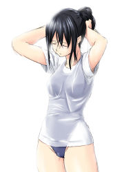 Rule 34 | 1girl, adjusting hair, armpit peek, arms up, black hair, blue one-piece swimsuit, breasts, closed eyes, highres, long hair, niwatazumi, one-piece swimsuit, original, ponytail, shirt, solo, swimsuit, swimsuit under clothes, t-shirt, tying hair