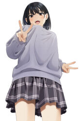 Rule 34 | 1girl, :d, black hair, black skirt, breasts, brown eyes, cowboy shot, double v, from below, grey sweater, long sleeves, mattaku mousuke, medium breasts, open mouth, original, pleated skirt, puffy long sleeves, puffy sleeves, school uniform, simple background, skirt, sleeves past wrists, smile, solo, standing, sweater, thick eyebrows, v, watermark, white background