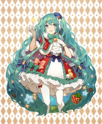 Rule 34 | 1girl, aqua eyes, aqua hair, argyle, argyle background, argyle clothes, bell, beret, bow, bowtie, box, capelet, crossed legs, dress, fur trim, gift, gift box, gloves, green bow, hair ornament, hair ribbon, hand on own chest, hat, hatsune miku, highres, iritoa, long hair, looking at viewer, mini hat, open mouth, pinecone, ribbon, round teeth, smile, solo, star (symbol), teeth, thighhighs, twintails, very long hair, vocaloid, white gloves, white thighhighs