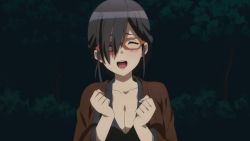 Rule 34 | 1girl, ^ ^, animated, animated gif, anime-gataris, black hair, blush, breasts, cleavage, closed eyes, female focus, forest, glasses, grey eyes, japanese clothes, kouenji miko, large breasts, long hair, looking at viewer, nature, night, ponytail, solo