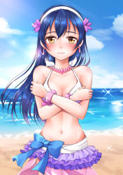 Rule 34 | 1girl, absurdres, artist name, artist request, bare shoulders, beach, bikini, bikini skirt, blue bow, blue hair, blue sky, blush, bow, breasts, cleavage, cloud, collarbone, day, earrings, female focus, flower, frilled bikini, frills, hair between eyes, hair flower, hair ornament, hairband, highres, jewelry, long hair, looking at viewer, love live!, love live! school idol project, natsuiro egao de 1 2 jump!, navel, necklace, ocean, outdoors, parted lips, pink scrunchie, purple flower, purple scrunchie, scrunchie, sky, smile, solo, sonoda umi, sparkle, sunlight, swimsuit, white bikini, white hairband, wrist scrunchie, yellow eyes