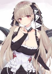 Rule 34 | 1girl, absurdres, azur lane, bare shoulders, between breasts, black dress, black nails, bow, breasts, brown hair, cleavage, closed mouth, detached collar, dress, earrings, formidable (azur lane), frilled dress, frills, glint, hair bow, hand up, highres, jewelry, large breasts, long hair, long sleeves, looking at viewer, nail polish, racchi., red eyes, solo, taut clothes, taut dress, twintails, upper body, very long hair, white background