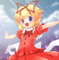 Rule 34 | 1girl, blonde hair, blue eyes, bow, dress, female focus, hair ribbon, medicine melancholy, open mouth, outstretched arms, ribbon, short hair, solo, spread arms, standing, tilm, touhou