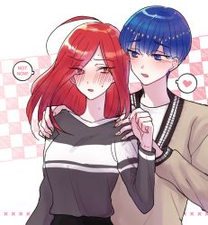 Rule 34 | 2others, ahoge, alternate costume, blue eyes, blue hair, blunt bangs, blush, cinnabar (houseki no kuni), contemporary, dot nose, embarrassed, english text, eyes visible through hair, hair over one eye, hand on another&#039;s shoulder, heart, holding, houseki no kuni, humanization, long hair, looking at another, medium hair, multiple others, phosphophyllite, pin (velika), red eyes, red hair, short hair, shoulder grab, speech bubble, spoilers, spoken heart, sweater, thick eyebrows, upper body