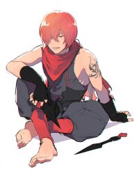 Rule 34 | 1boy, bandana, barefoot, black vest, chromatic aberration, fate/grand order, fate (series), fingerless gloves, fuuma kotarou (fate), gloves, highres, holding, holding weapon, knee up, kunai, lower teeth only, male focus, open mouth, ororooops, red bandana, red eyes, red hair, short hair, shoulder tattoo, simple background, sitting, solo, tattoo, teeth, vest, weapon