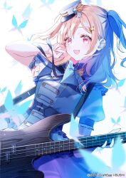 Rule 34 | 1girl, bang dream!, bass guitar, blonde hair, blue butterfly, bug, butterfly, dress, hat, highres, hiromachi nanami, insect, instrument, long hair, looking at viewer, mini hat, misumi (macaroni), morfonica, official art, open mouth, pink eyes, puffy short sleeves, puffy sleeves, short sleeves, two side up, white dress, white hat