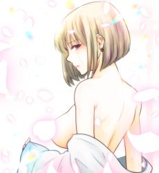 Rule 34 | 1girl, absurdres, blonde hair, bob cut, breasts, clothes down, earrings, from side, gintama, highres, japanese clothes, jewelry, kimono, looking at viewer, medium breasts, open clothes, open kimono, paleatus, parted lips, profile, purple eyes, short hair, sideboob, solo, tsukuyo (gintama), white background, white kimono