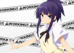 Rule 34 | 1girl, :o, alternate hairstyle, apron, badge, caution tape, long hair, looking at viewer, open mouth, outstretched arms, paprika (artist), ponytail, purple eyes, purple hair, short sleeves, solo, tsurime, waitress, working!!, yamada aoi