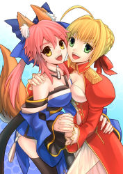 Rule 34 | 10s, 2girls, ahoge, animal ears, bad id, bad pixiv id, bare shoulders, blonde hair, bow, breasts, cleavage, detached sleeves, dress, fate/extra, fate (series), fox ears, fox tail, green eyes, hair bow, hair ribbon, interlocked fingers, japanese clothes, large breasts, medium breasts, multiple girls, nero claudius (fate), nero claudius (fate), nero claudius (fate/extra), pink hair, red dress, ribbon, sanada (teketo), tail, tamamo (fate), tamamo no mae (fate/extra), thighhighs, twintails, yellow eyes