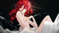 Rule 34 | 1girl, black background, breasts, cinnabar (houseki no kuni), closed mouth, commentary request, covering privates, covering breasts, cracked skin, crystal hair, fingernails, hair between eyes, highres, houseki no kuni, knee up, kuroduki (pieat), long fingernails, long hair, looking away, looking to the side, medium breasts, nail polish, nude, red eyes, red hair, red nails, simple background, sitting, tears