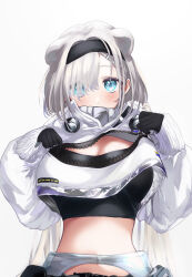 Rule 34 | 1girl, animal ears, arknights, aurora (arknights), bear ears, black gloves, black hairband, black sports bra, blue eyes, blush, breasts, cleavage cutout, clothing cutout, commentary, cropped jacket, extra ears, gloves, grey hair, hair intakes, hair over one eye, hairband, highres, jacket, large breasts, long sleeves, looking at viewer, midriff, navel, parted bangs, penpen gin2, puffy long sleeves, puffy sleeves, simple background, solo, sports bra, unzipping, upper body, white background, white jacket