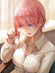 Rule 34 | 1girl, blue eyes, breasts, cleavage, collared shirt, commentary request, crying, crying with eyes open, curtains, go-toubun no hanayome, hair between eyes, highres, indoors, ishiyuki, large breasts, long sleeves, nakano ichika, pink hair, revision, shirt, short hair, sitting, solo, tears, upper body, white shirt