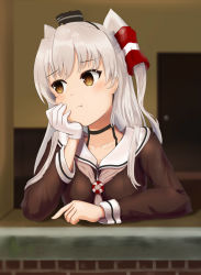 Rule 34 | 1girl, amatsukaze (kancolle), blurry, blurry background, blush, breasts, brown eyes, choker, closed mouth, collarbone, gloves, hair ornament, hand up, highres, holding head, kantai collection, long hair, looking away, medium breasts, parufeito, pout, sailor collar, silver hair, single glove, solo, white gloves