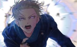Rule 34 | angry, backlighting, blonde hair, blown air, close-up, collar tug, command input, cowl, energy, explosion, eye contact, glowing, high collar, highres, ikuraed, inumaki toge, jacket, jujutsu kaisen, looking at another, looking at viewer, mask pull, open mouth, solo, tongue