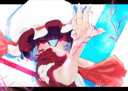 Rule 34 | 1girl, absurdres, ascot, blue hair, commentary request, fingernails, hair between eyes, hand up, hat, highres, letterboxed, long bangs, looking at viewer, mob cap, red ascot, red eyes, red lightning, remilia scarlet, shirt, short hair, short sleeves, solo, sotatsudraw, touhou, upper body, white hat, white shirt