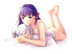 Rule 34 | 1girl, artist name, ass, barefoot, blush, bottomless, camisole, closed mouth, collarbone, eyebrows, fate/stay night, fate (series), full body, hair ribbon, long hair, looking at viewer, lying, matou sakura, no pupils, on bed, on stomach, pillow, purple eyes, purple hair, ribbon, rna (angel-smelter), signature, smile, soles, solo, the pose, white background