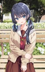 Rule 34 | 1girl, absurdres, bench, blue eyes, blue hair, blush, brown shirt, brown skirt, building, bush, buttons, cardigan, collarbone, commentary, cowboy shot, day, dot nose, hair between eyes, hasu no sora school uniform, head tilt, highres, holding own arm, link! like! love live!, long bangs, long hair, long skirt, long sleeves, looking at viewer, love live!, low twintails, mole, mole on neck, murano sayaka, neckerchief, open cardigan, open clothes, open mouth, outdoors, park bench, pleated skirt, red neckerchief, revision, sailor collar, school uniform, serafuku, shirt, siokazunoko, sitting, skirt, sleeve cuffs, sleeves past wrists, smile, solo, tree, twintails, virtual youtuber, white sailor collar