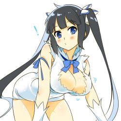 Rule 34 | !, 10s, 1girl, :/, all fours, black hair, blue bow, blue bowtie, blue eyes, blush, bow, bowtie, breasts, cleavage, dress, dungeon ni deai wo motomeru no wa machigatteiru darou ka, gloves, head tilt, hestia (danmachi), large breasts, long hair, lowres, motion lines, rei no himo, simple background, solo, twintails, very long hair, white background, white dress, white gloves, zpolice