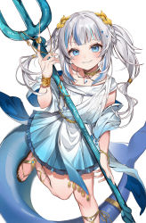 Rule 34 | 1girl, ancient greek clothes, blue eyes, blue hair, blunt bangs, blush, bracelet, choker, gawr gura, gawr gura (party dress), greco-roman clothes, highres, holding, holding polearm, holding weapon, hololive, hololive english, jewelry, long hair, looking at viewer, machi (7769), multicolored hair, polearm, sandals, simple background, smile, solo, standing, standing on one leg, toes, trident, twintails, two-tone hair, virtual youtuber, weapon, white background, yellow choker