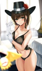 Rule 34 | 1girl, bare shoulders, black hat, black panties, blurry, blush, braid, breasts, brown hair, charlotte corday (fate), cleavage, closed mouth, collarbone, depth of field, fate/grand order, fate (series), gloves, green eyes, hat, highres, large breasts, looking at viewer, navel, nicky w, panties, short hair, side braid, smile, solo, thighs, top hat, underwear