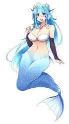Rule 34 | 1girl, :d, ahoge, bare shoulders, bikini, blue hair, breasts, bridal gauntlets, cleavage, elbow gloves, facial mark, fingerless gloves, fins, gloves, hair between eyes, hair ornament, head fins, highres, jewelry, large breasts, looking at viewer, mermaid, monster girl, navel, necklace, open mouth, original, purple eyes, shell hair ornament, simple background, smile, solo, suruga (xsurugax), swimsuit, white background, white bikini