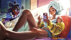 Rule 34 | 1girl, bare legs, bed, blue nails, cardigan, cassette player, cellphone, crop top, dark-skinned female, dark skin, earphones, final fight, guy (final fight), highres, kimberly jackson, nail polish, official art, open cardigan, open clothes, phone, poster (object), short shorts, shorts, sitting, smartphone, solo, street fighter, street fighter 6, street fighter v, sunlight, tank top, thick lips, third-party source, towel, towel on head, window, zeku