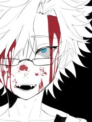 Rule 34 | 1boy, black background, blood, blood on face, blue eyes, collarbone, colored sclera, commentary request, fangs, glasses, grey sclera, highres, kanou aogu, looking at viewer, male focus, open mouth, rectangular eyewear, saibou shinkyoku, sanpaku, short hair, simple background, smile, solo, spot color, tutuke