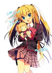 Rule 34 | 1girl, blonde hair, blue eyes, bow, character doll, commentary request, cowboy shot, dated, hair ribbon, knees together feet apart, legs together, little busters!, long hair, looking at viewer, open mouth, pink bow, plaid, plaid skirt, pleated skirt, ribbon, satomi yoshitaka, school uniform, simple background, skirt, solo, tokido saya, translation request, twintails, twitter username, white background, white ribbon