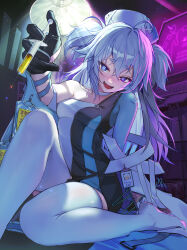 Rule 34 | 1girl, absurdres, asymmetrical clothes, blue hair, dress, florence (neural cloud), girls&#039; frontline, girls&#039; frontline neural cloud, gloves, hat, heart, heart-shaped pupils, highres, holding, holding syringe, id card, intravenous drip, knee up, light blue hair, long hair, messy hair, multicolored clothes, multicolored dress, no shoes, nurse, nurse cap, off-shoulder dress, off shoulder, open mouth, pa-15 (girls&#039; frontline), siole, sitting, smile, symbol-shaped pupils, syringe, thick eyebrows, thighhighs, wariza, white thighhighs