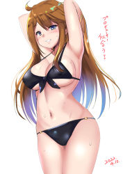 Rule 34 | 1girl, absurdres, ahoge, armpits, arms up, bikini, black bikini, blue eyes, breasts, brown hair, cleavage, cowboy shot, dated, eagle tomcat, highres, idolmaster, idolmaster million live!, large breasts, long hair, looking at viewer, navel, simple background, smile, solo, sweatdrop, swept bangs, swimsuit, tokoro megumi, translation request, white background