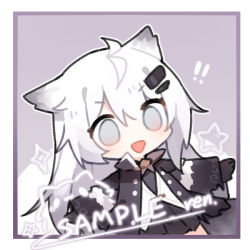 Rule 34 | !, !!, 1girl, animal ears, antenna hair, arknights, artist name, black dress, black gloves, black jacket, border, chibi, dress, gloves, grey eyes, jacket, lappland (arknights), lappland (refined horrormare) (arknights), long hair, long sleeves, official alternate costume, open clothes, open jacket, open mouth, purple background, renren, sample watermark, simple background, solo, sparkle, star (symbol), upper body, vest, watermark, white border, white hair, white vest, wolf ears, wolf girl