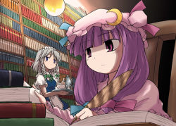 Rule 34 | 2girls, book, bow, cup, expressionless, female focus, izayoi sakuya, library, looking away, maid, mizumoto tadashi, multiple girls, patchouli knowledge, pink bow, quill, sitting, teapot, touhou, tray, voile, writing