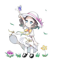 1girl aged_down arm_up black_footwear blue_eyes bow bowtie brown_hair bug butterfly butterfly_on_hand child closed_mouth dress falling_leaves flower grass hat hat_bow highres index_finger_raised insect leaf mary_janes mo0o0rae pink_bow purple_flower senpai_ga_uzai_kouhai_no_hanashi shoes short_hair simple_background socks solo sun_hat tsukishiro_mona_(shiromanta) white_background white_dress white_hat white_socks yellow_bow yellow_bowtie yellow_flower