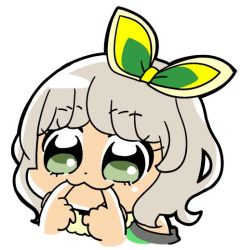 Rule 34 | 1girl, :3, bkub, bow, commentary request, dot nose, eyelashes, finger in own mouth, fur trim, green bow, green eyes, grey hair, hair bow, multicolored bow, portrait, pretty series, pripara, short hair, simple background, solo, taiyo pepper, white background, yellow bow